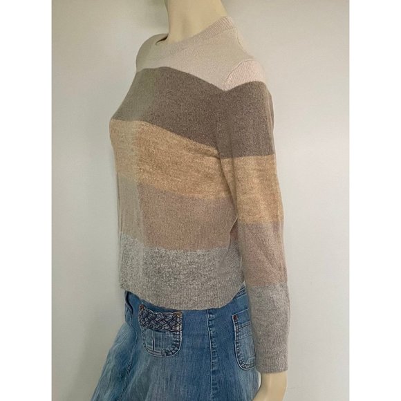 LOFT Sweater Fitted Wide Stripes, Size L/XL, Brown Beige Merino Wool Sweater - Picture 6 of 8